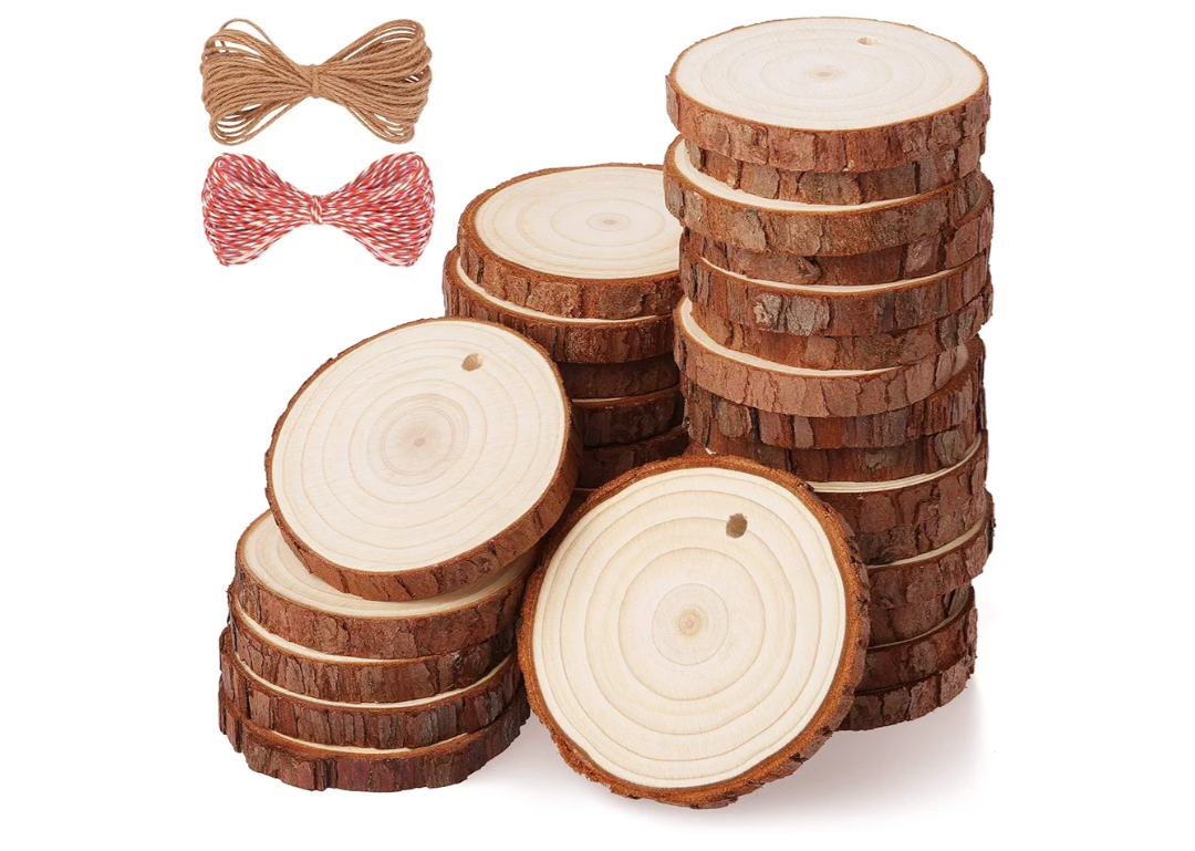 Fuyit Wood Slices 30 Pcs 2.0-2.4 Inches Craft Wood kit Unfinished Predrilled Tree Slices with Hole, Wooden Circles for Arts and Crafts Christmas Ornaments DIY Crafts