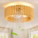 Boho Caged Ceiling Fans with Lights Low Profile Fandelier Ceiling Fan with Light and Remote Wooden Flush Mount Bladeless Ceiling Fan for Bedroom, Kitchen,Foyer(Enclosed,6 Speed, Timing)