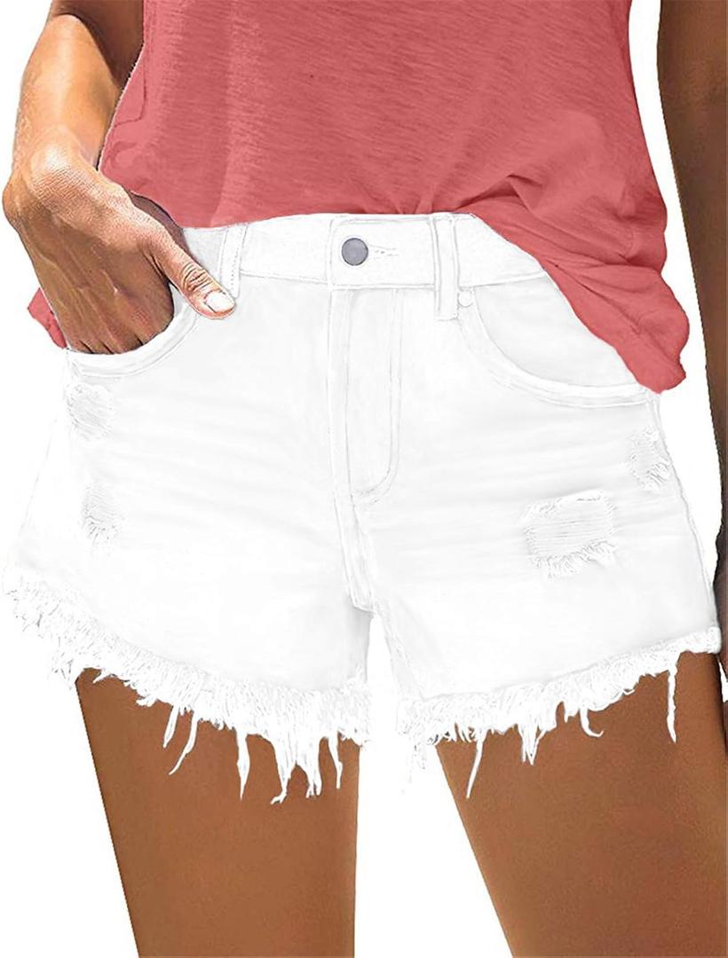 onlypuff Women's Ripped Mid Waisted Denim Shorts with Pockets (Medium)