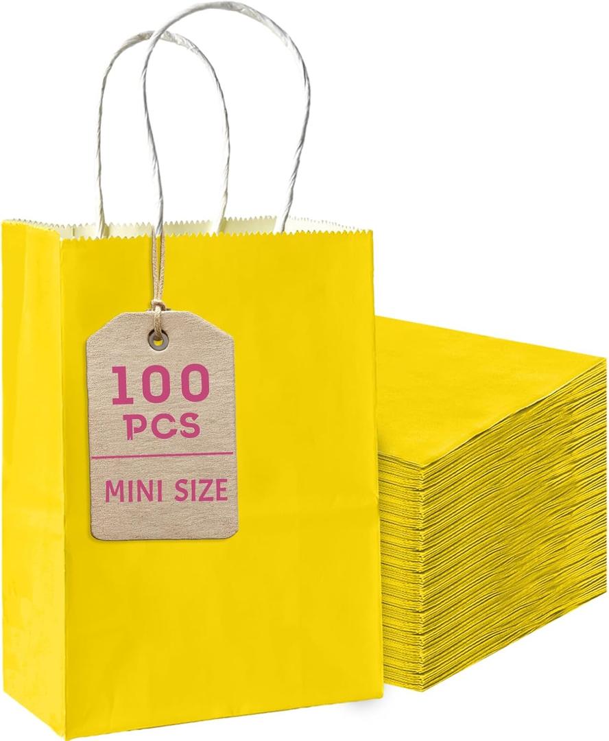 Bakepacker 100 Pcs Bright Yellow Mini Paper Gift Bags with Handles 6"x4.5"x2.5" Party Favor Bags Multiple Uses (Mini Size)