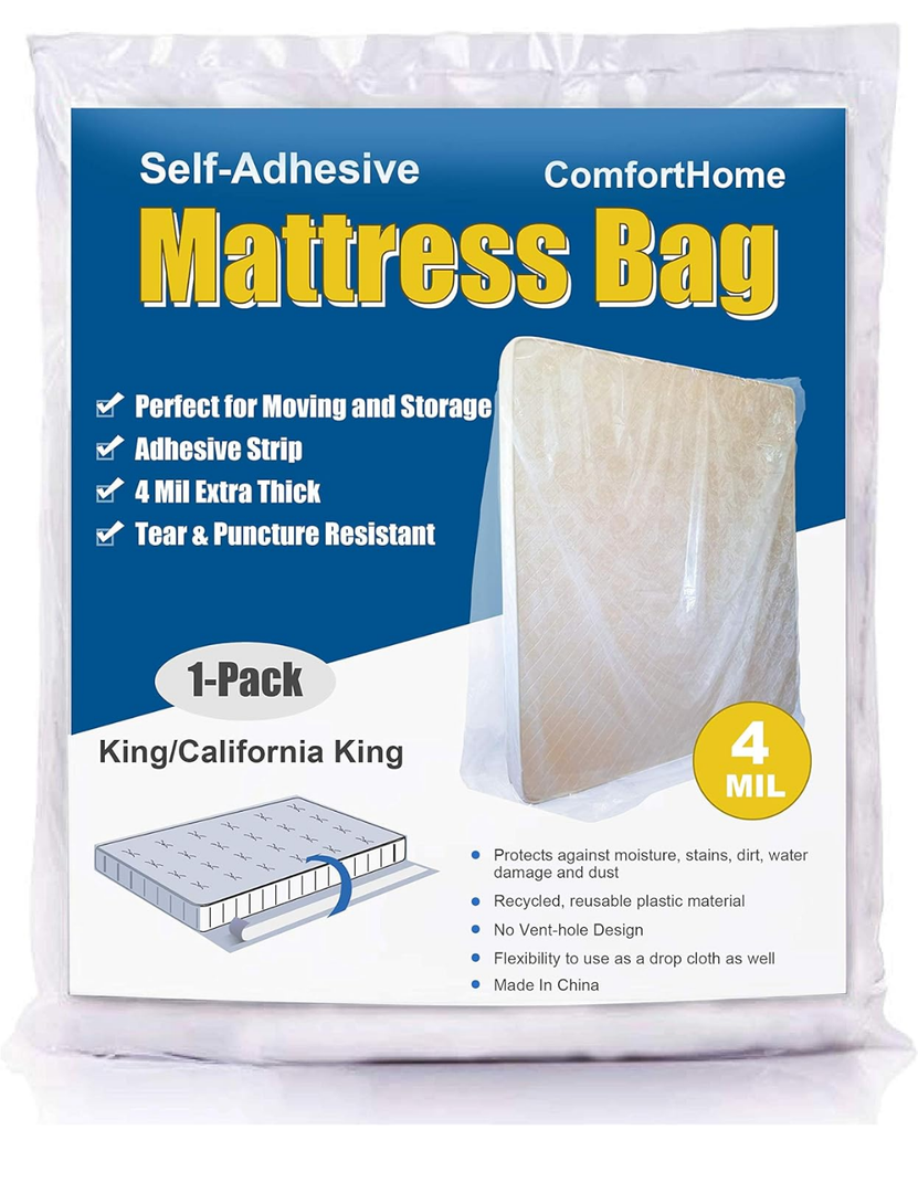 4 Mil Extra Thick Sealable Mattress Bag with Adhesive Strip for Moving and Storage, Heavy Duty, Fits King and Cal King, 1-Pack