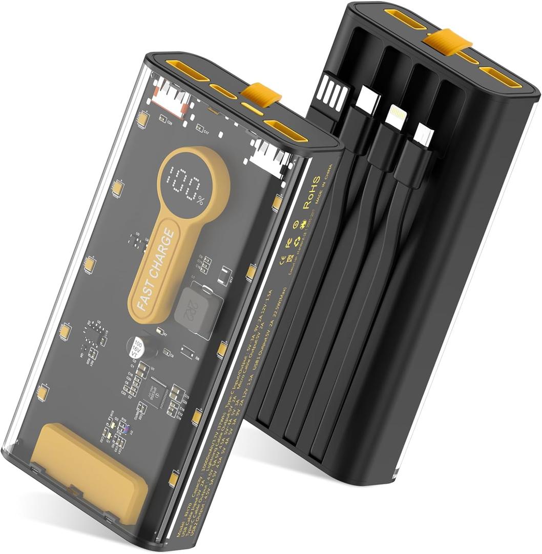 Portable Charger 10000mAh,22.5W Fast Charging Power Bank with Built in Cables,Transparent External Battery Pack with Flashlight,USB C in&out Portable Phone Charger for iPhone Samsung Android Cellphone Transparent+Black