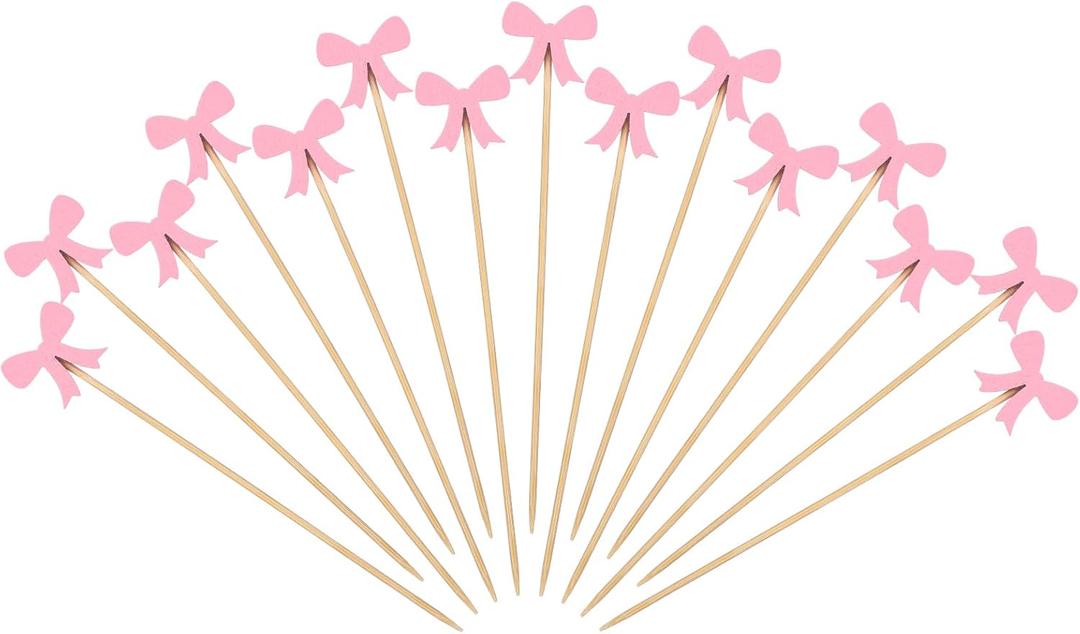 Tioncy 100 Pcs Bow Cocktail Picks Swizzle Stick Toothpicks 4.72 Inch Long Bamboo Fancy Toothpicks for Appetizers Drinks Birthday Bridal Wedding Baby Shower Bow Party Decoration(Pink)
