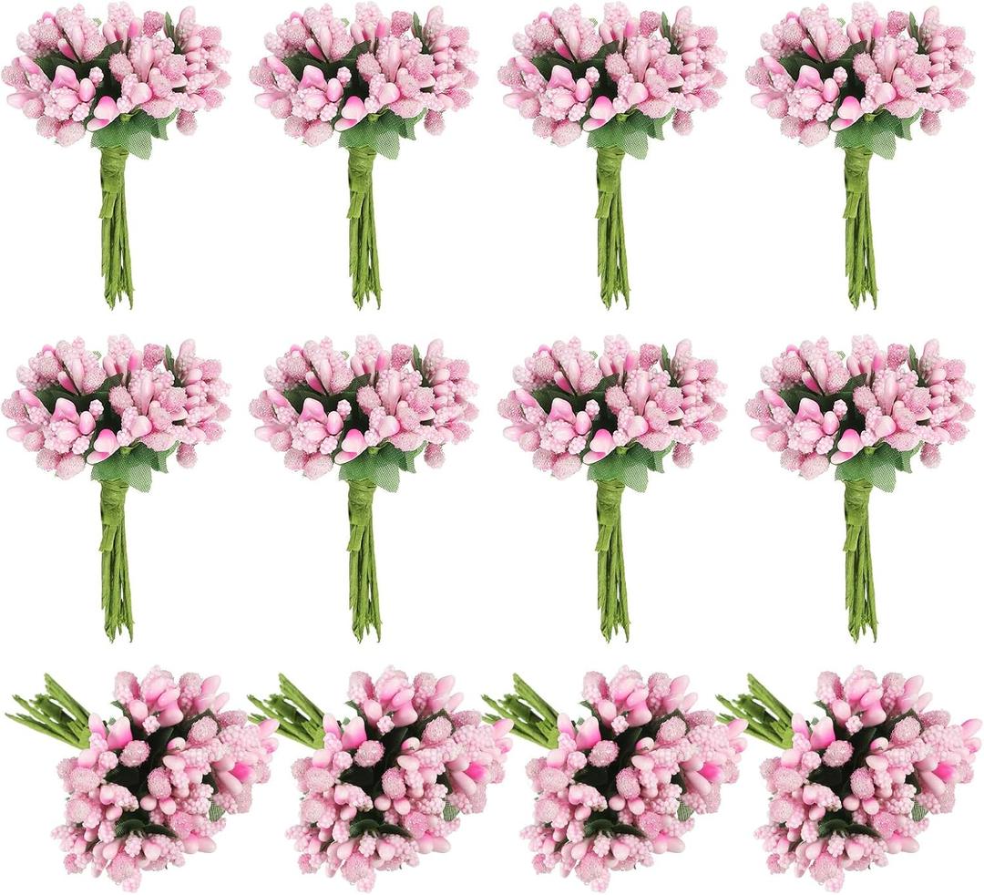 PATIKIL Mini Artificial Pip Berry Picks Bunch, 144Pcs Fruit Flower Stamens for Craft DIY Wreaths Wedding Floral Arrangements Decoration, Pink