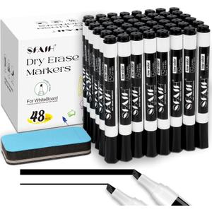 SFAIH Dry Erase Markers Chisel Tip with Magnetic Whiteboard Eraser, 48 Bulk Pack Black White Board Markers for Teachers, Versatile Lines, 1s Quickly Dry, Essential Supplies for Office Teacher