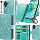 Varikke for iPhone 17 Wallet Case Detachable with RFID Blocking Card Holder for Women, Glitter PU Leather Wrist Strap Strong Magnetic Flip Removable Phone Case Cover for iPhone 17 6.3", Mint Green