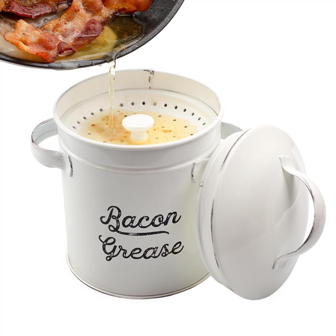 AuldHome Design Grease Container, White Enamelware Bacon Grease Can w/Strainer, Farmhouse Style, Keto-Friendly