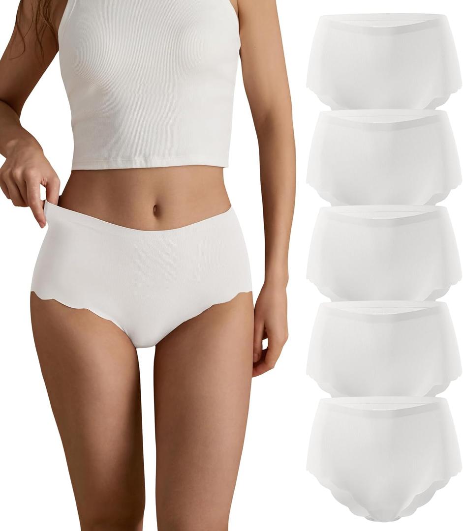 SHARICCA Seamless High Waisted Underwear for Women Cheeky Underwear Wave Edge No Show Bikini Panties Ribbed Panties Pack (Medium, All White)