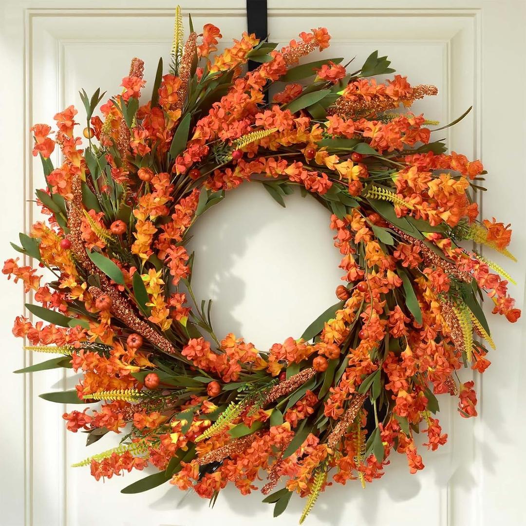 Waipfaru Fall Wreaths for Front Door Outside, 22 Inch Autumn Wreath with Orange Yellow Forsythia Flower Pumpkin, Autumn Decorations for Indoor Outdoor Home Porch Thanksgiving Farmhouse Harvest Decor