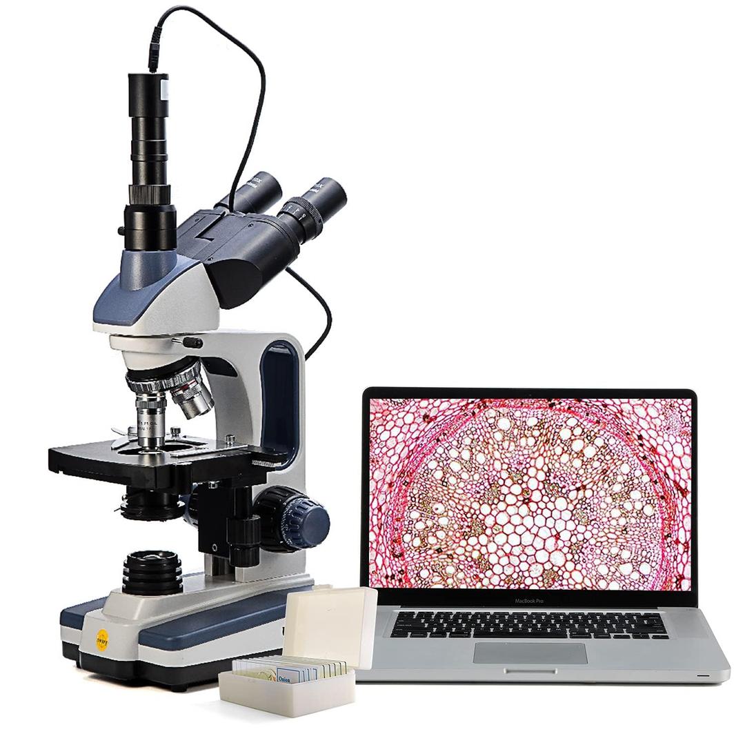 Swift SW350T Compound Trinocular Microscope,40X-2500X Magnification, Two-Layer Mechanical Stage, with 5.0 MP Camera and Software Windows/Mac Compatible, and 5 PCS Prepared Slides and 5 PCS Blank Slides