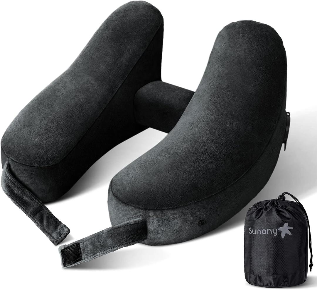 Sunany Neck Pillow for Travel Inflatable Airplane Pillow Comfortably Supports Head, Neck and Chin, Inflatable Travel Pillow with Soft Velour Cover and Portable Drawstring Bag (Black) (Standard (No Hat))