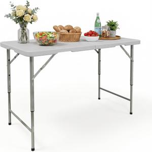 HULKFIT 4FT Folding Table, 3-Height Adjustable Portable Table with Carry Handle, Sturdy Steel Frame, Ideal for Indoor/Outdoor Dining, Parties, and Camping