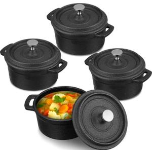 4 Pcs Mini Dutch Oven Small Round Iron Cocotte Black Dutch Oven Pot with Lid and Dual Handles Cast Iron Pot for Stovetop Use Marinate Cook Bake Refrigerate Garlic, Individual Servings(8 oz)