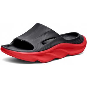 Recovery Slides for Men and Women - Orthopedic Sandals with Arch Support & Thick Cushion, Plantar Fasciitis Slippers, Lightweight Non-Slip Slides for Post-Workout Recovery (Black/Red) M10/W12