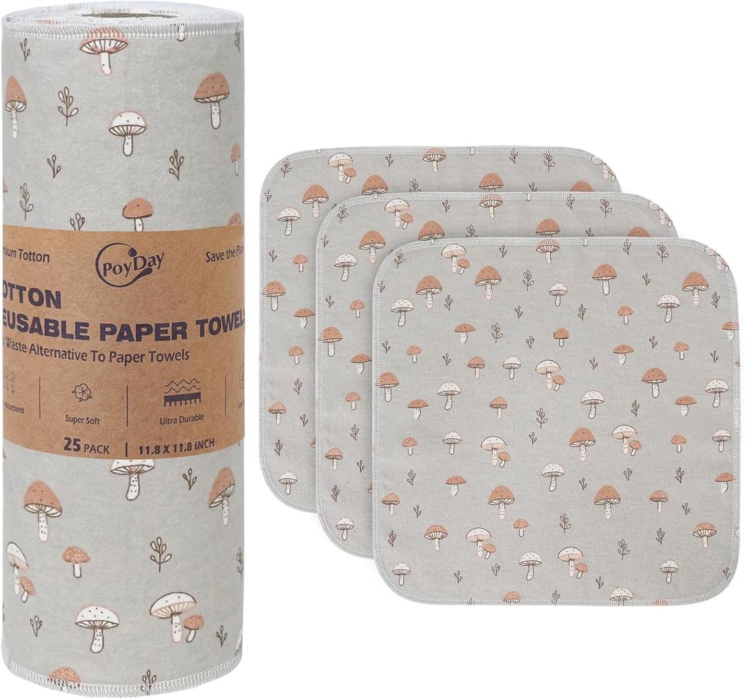 Paper Towels Washable Roll: 25Pack Cotton Cloth Paper Towels 11.8x11.8In Absorbent Soft Flannel Paperless Towels (Mushroom)