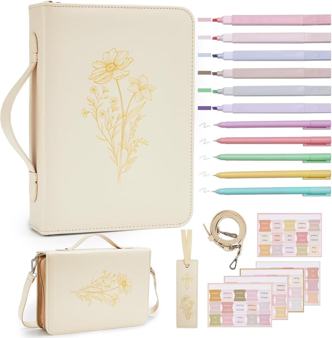19PCS Floral Beige Leather Bible Cover for Women Bible Cover Cases for Teen Girls Christmas Gift Christian Church Carrying Bag Journaling Kit with Shoulder Strap Highlighter Pens & Book Marker