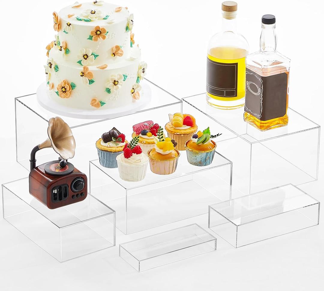 Leinuosen 6 Pcs Acrylic Buffet Risers Stands for Food Display Cubes Box, 7 to 12 Inch Rectangle Catering Table Dessert Decor for Wedding Brunch Setup Party Jewelry Collectibles, Hollow Bottom (Clear)