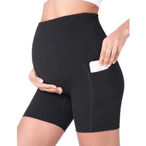 POSHDIVAH Women's Maternity Yoga Shorts Over The Belly Bump Summer Workout Running Active Short Pants with Pockets 5"/8" (Large, Black)