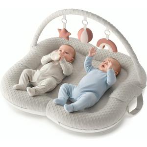 WENDIWAY Twins Baby Play Mats for Floor Activity Gym - 5-in-1 Support Cushion Baby Play Mat Tummy Time Mat for Supervised Bonding with Arch, Plush Toys, Flashcards & Developmental Book - Grey
