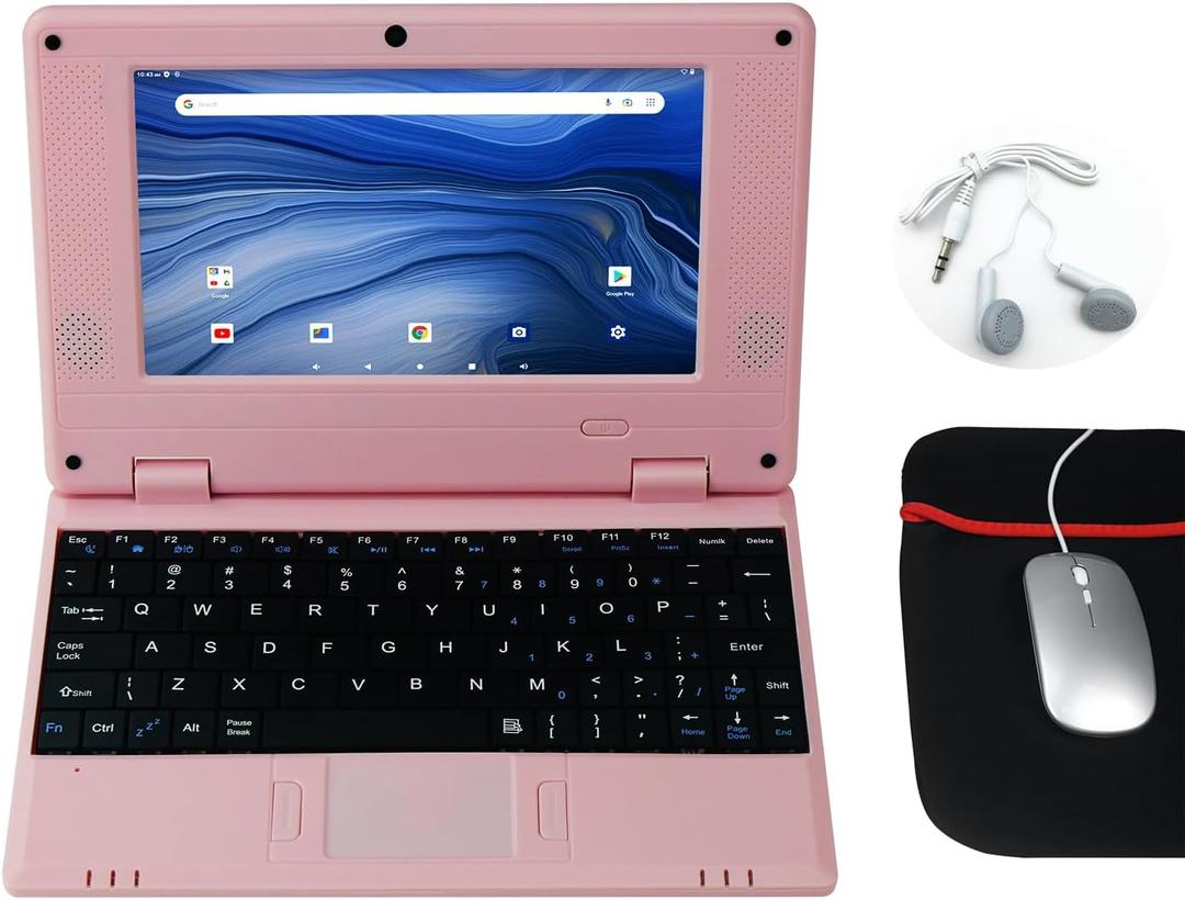 CHIBBS Portable Kids Laptop Computer, 7" Inch IPS Screen Mini Laptop Powered by Android 13.0, Quad Core, 2gb Ram + 32gb ROM, 2* USB, Camera, Bluetooth, Wi-Fi- Pink