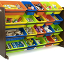 Humble Crew Extra-Large Toy Organizer with 20 Plastic Bins – Dark Walnut/Neon Storage Rack with 4-Tier Shelves, Anti-Tip Safety, for Kids’ Rooms, Playrooms, Nurseries & Classrooms