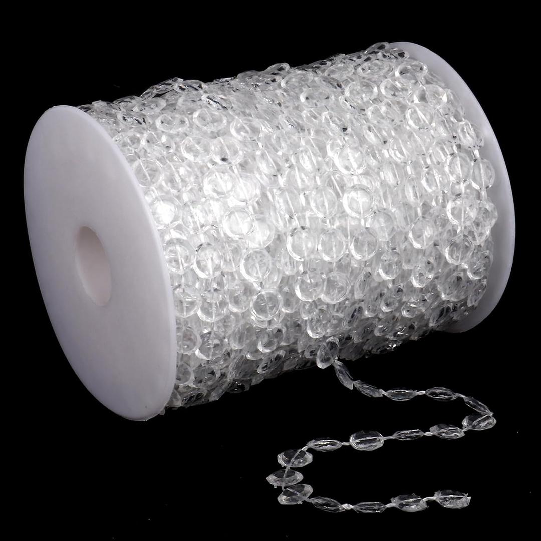 99FT Acrylic Crystal Beaded Garland Strand, Clear Diamond-Shaped Beaded Chain Roll for DIY Crafts Wedding Birthday Party Christmas Tree Decorations