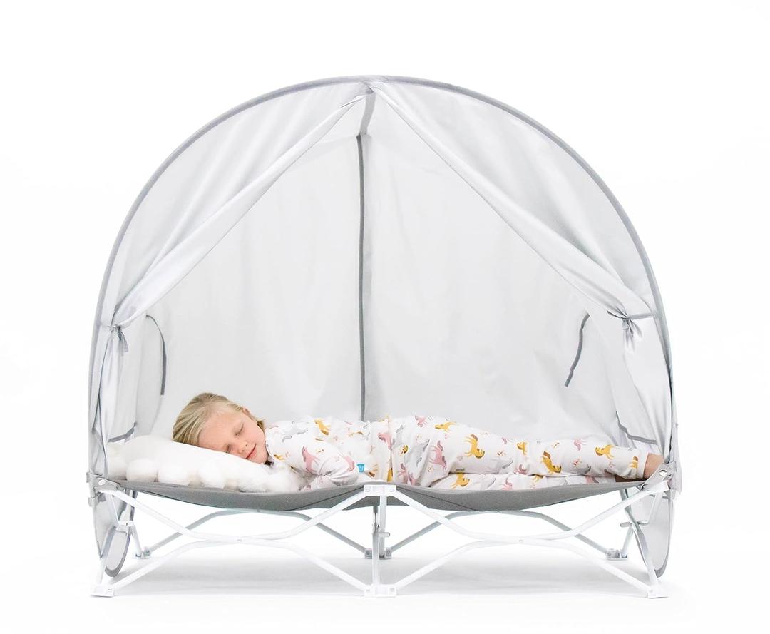 Regalo My Cot Deluxe Portable Toddler Bed with Canopy, Foldable Kids Travel Bed & Camping Cot with UPF 50 Sun Protection, Ages 25, 46.5 x 24 x 9.5, Gray