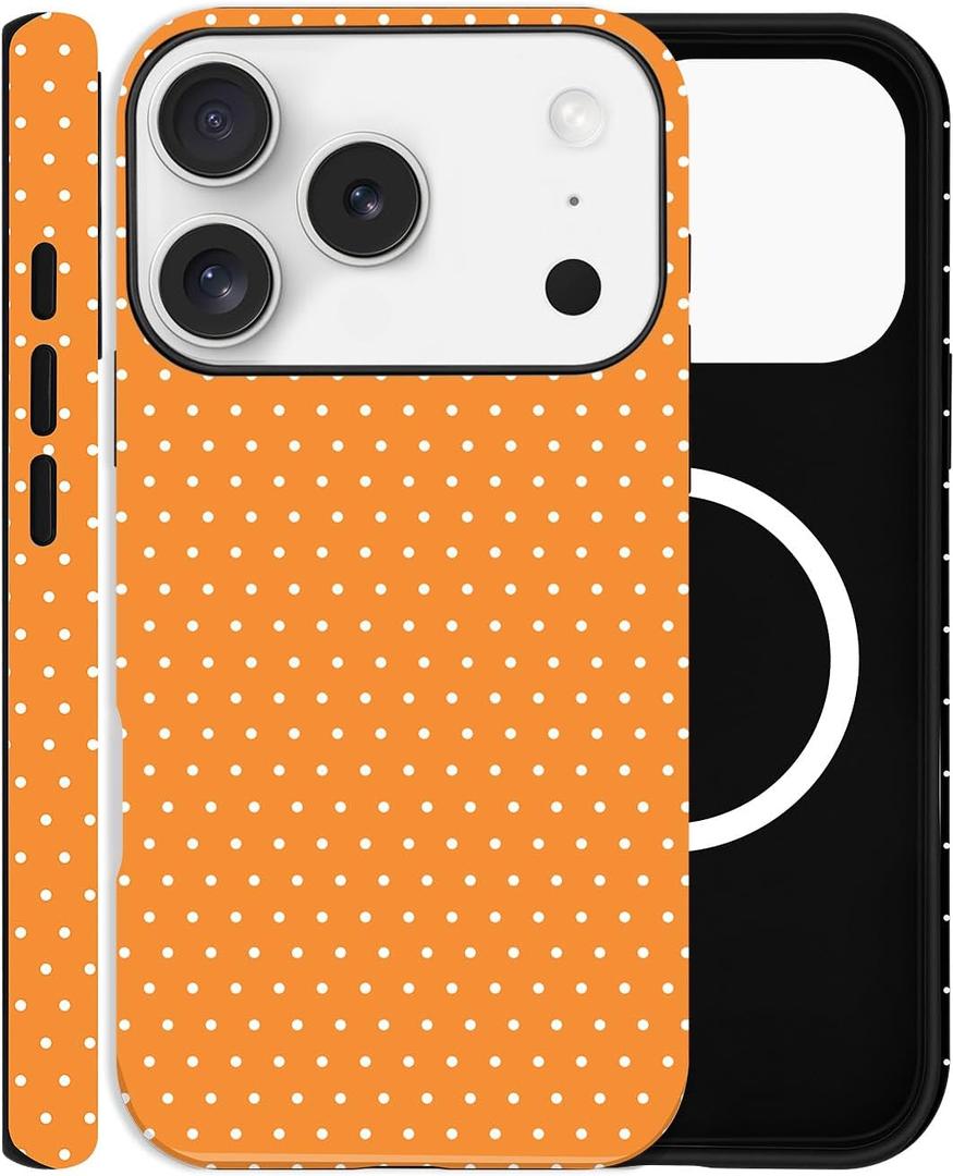 Magnetic Case for iPhone 17 Pro, Compatible with MagSafe, Aesthetic Polka Dot Cute Design for Women, Hybrid 2-Layer Hard Shell Phone Cover, Orange