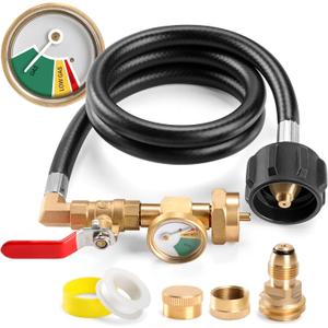 Propane Refill Adapter Hose 3 FT, Upgraded Propane Refill Adapter for 1 lb. Tanks (QCC1/Type1 Inlet) with Universal fit POL to QCC1 Propane Tank Converter, Pressure Gauge, Control Valve, 2pcs Caps