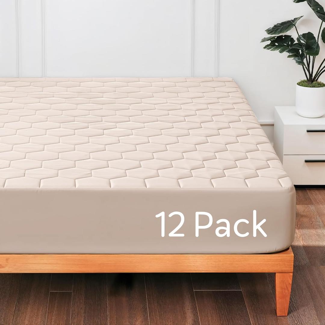 Hearth & Harbor 12 Pack Queen Size Quilted Fitted Mattress Pad Cover, 100% Waterproof Mattress Protectors, Deep Pocket Fitted Mattress Cover 8" - 21" (60" x 80", Beige Cream)