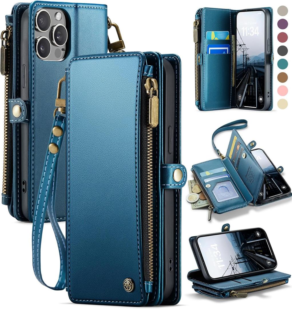 Defencase Compatible with iPhone 15 Pro Case Wallet with RFID Blocking Card Holder for Women Men, PU Leather Magnetic Snap Flip Zipper Strap Wallet Phone Case Fit for iPhone 15 Pro 6.1", Dark Blue