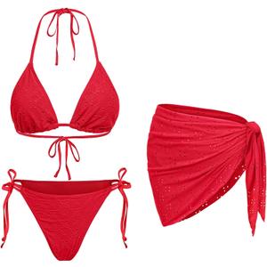 Women 3 Piece Swimsuits - Sexy Triangle Bikini Sets with Cover Up Halter String Tie Side Bathing Suits (Medium, Red)