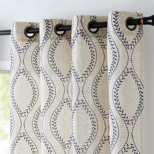 jinchan Linen Blend Curtains Beige Farmhouse Curtains 84 Inches Long Blue Embroidered Leaf Curtains for Living Room Ogee Geometry Drapes Light Filtering Grommet Country Curtain 2 Panels Blue on Flax