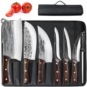 ZENG 8 Pieces Butcher Knife Set with Roll Bag, Chef Knife Set for Meat Cleaver Cutting & Viking Knives with Ergonomic Handles, Stainless Steel Hand Forged Kitchen Knife Set for Home, Cooking, Camping