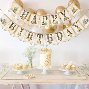 Happy Birthday Winnie-themed Banner, Classic Pooh Bear Birthday Baby Shower Banner Signs, Neutral