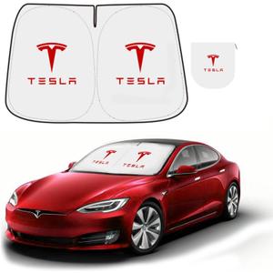 300T Sunshade for Tesla Model Y Model 3, Car Accessories 2025 for Tesla, Front Window Sunshade with Organizer Bag, Gifts for Tesla Owners (Red)