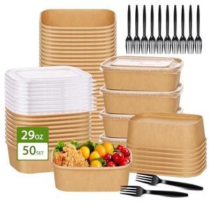 DI QIU REN 50-Pack 29oz Disposable Kraft Paper Bowls【with Lids and Forks】,Meal Prep Containers Disposable To go Food Containers Christmas Take Out Containers, Microwave Safe for Hot/Cold Food