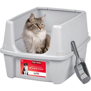 IRIS USA Cat Litter Box Large Open Top with High Sided Walls Tall Scatter Shield Scoop Included Easy Clean Plastic Pan Stain Resistant for Big Cats Kittens Indoor Multi-Cat Households