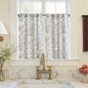jinchan Small Window Curtains 36 Inch Linen Floral Curtain Set for Kitchen Bathroom Cafe Curtains Light Filtering Window Treatment Farmhouse Cottagecore Back Tab Drapes 2 Panels Blue on Beige