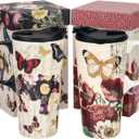 Topadorn Ceramic Coffee Mug Set of 2, 17 Oz Tea Cups with Handle and Lid for Latte, Tea, Cappuccino, Milk, Cocoa, Microwave&Dishwasher Safe, Flowers and Butterflies