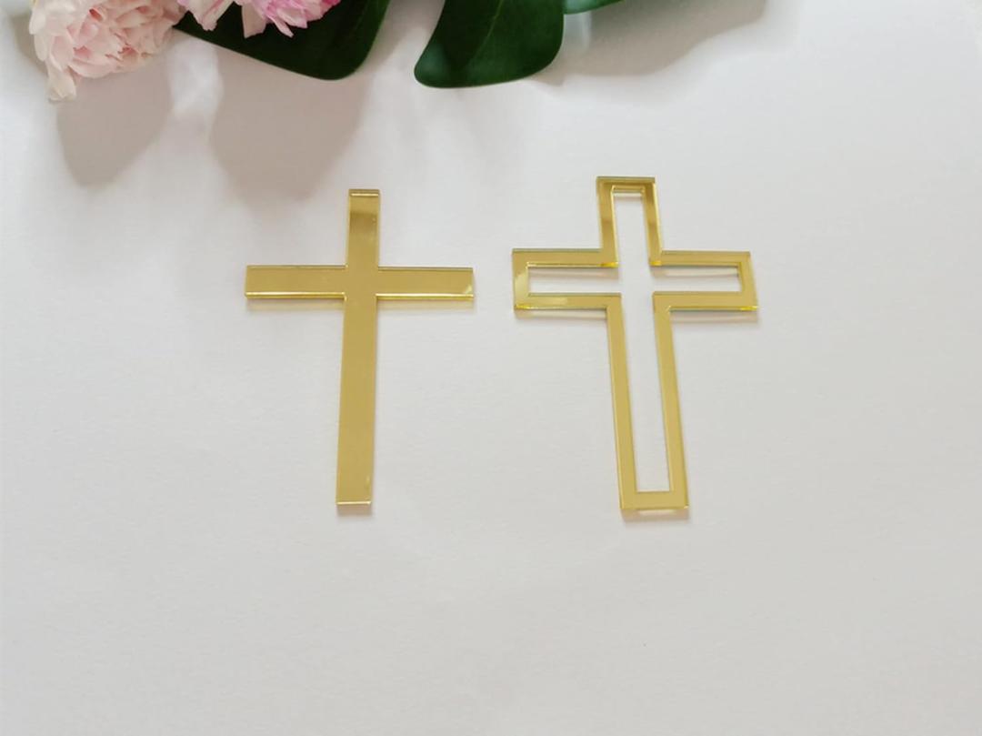 16pcs of Acrylic Cross Cake Topper, Cross Cake Charm for Baptism, Christening, Holy Communion Cake (4'', Gold Mirror)