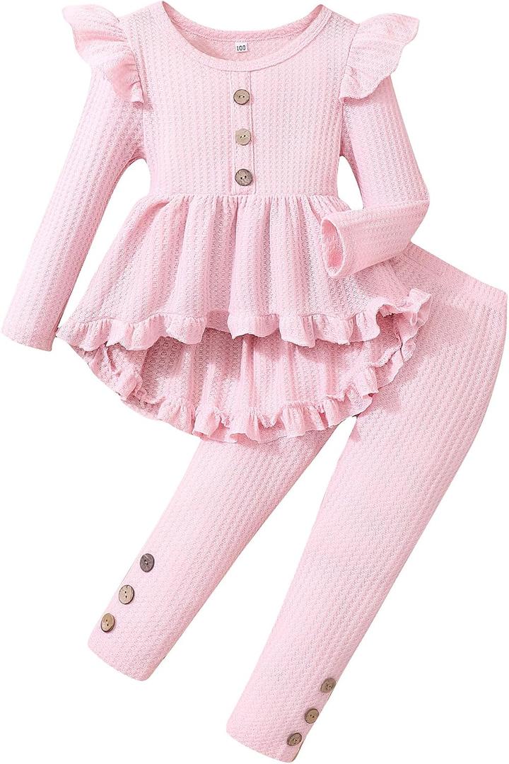 Kid Toddler Girl Clothes Solid Color Ruffle Sleeve Top Floral Pants 2PC Fall Winter Girls Outfits Clothing Set 2-6Y (Pink)