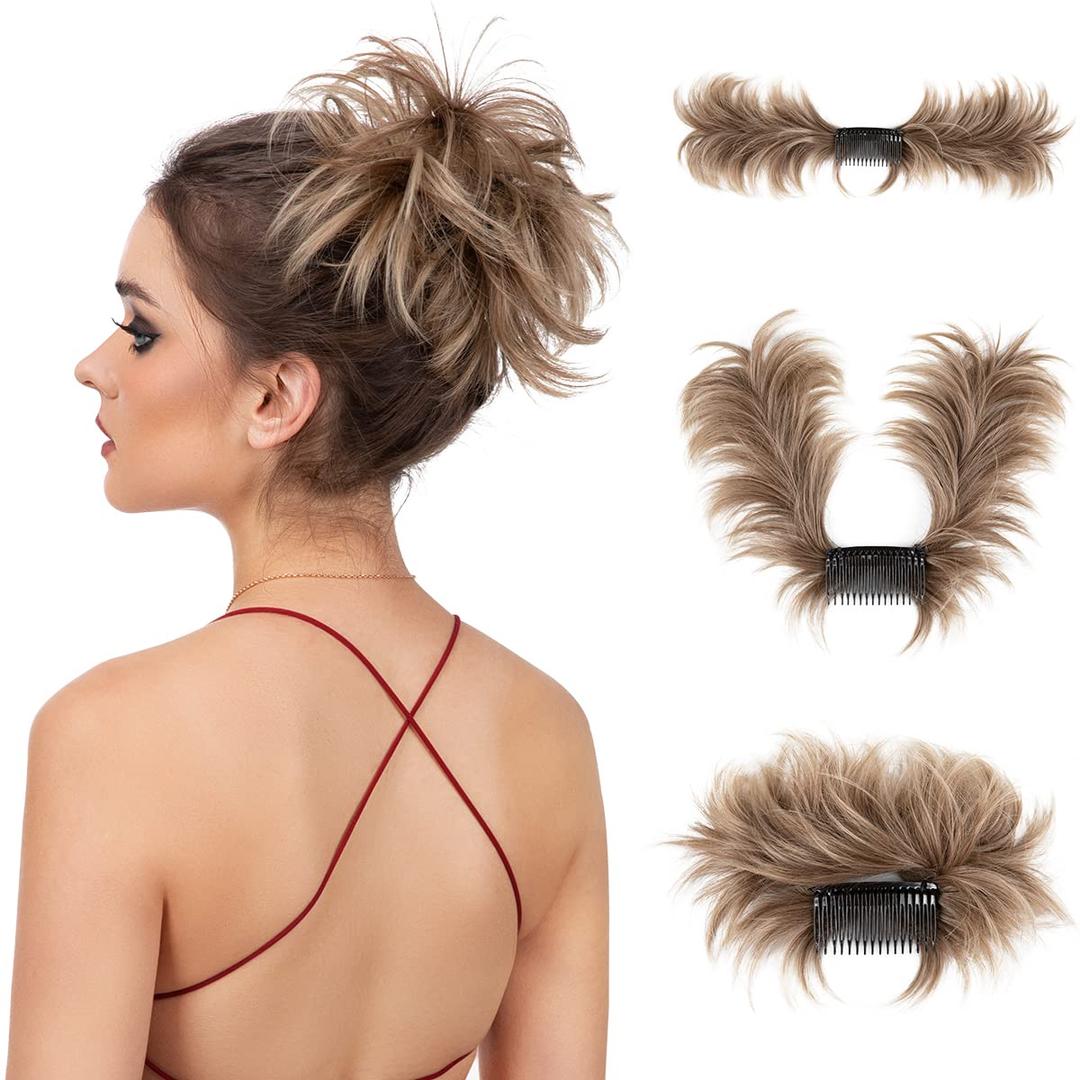 Messy Bun Hair Piece Side Comb Clip in Hair Bun Hairpiece for Women Short Natural Straight Versatile Adjustable Styles Easy Hair pieces (Brown to Ash Blonde-S)