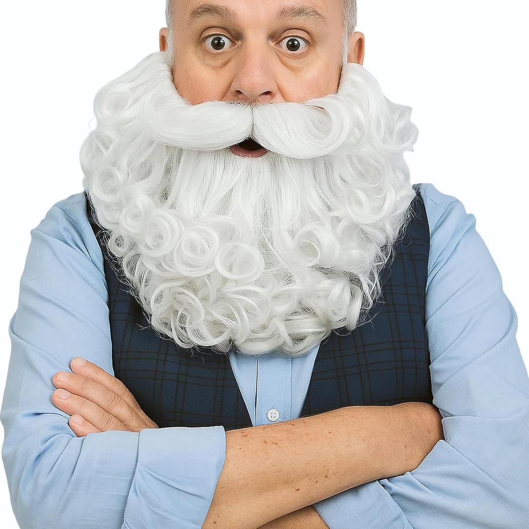 TWAYFEL Grey Fake Beard for Wizard Cosplay Realistic Gray Curly Mustache Halloween Costume Facial Hair Accessory 8 Inches (White)