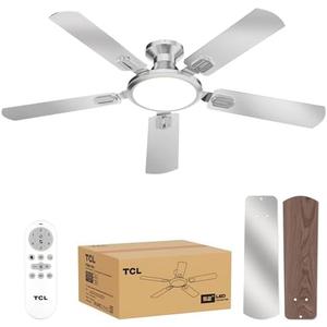 TCL 52" Low Profile Ceiling Fan with Light, Slim, Silver, Flush Mount, DC Reversible Motor, 6 Speeds, Remote Control, Noiseless, Dimmable, LED Light, 3CCT, Modern Ceiling Fan for Bedroom Living Room