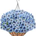 Artificial Hanging Flower for Outdoors, Fake Hanging Basket for Outside,1 Hanging Basket with 13 Pcs Faux Silk Flowers for Porch, Balcony and Patio Decor(Blue)
