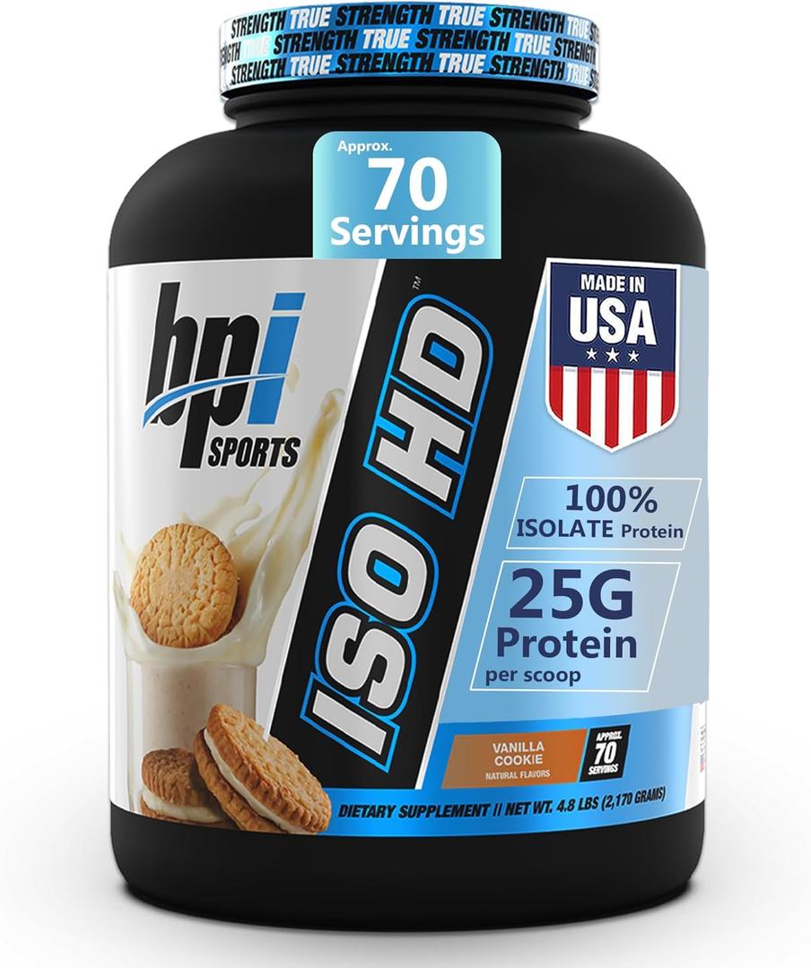 BPI Sports ISO HD Isolate Protein Powder  100% Whey Isolate, Protein Powder for Muscle Gain - Vanilla Cookie, 4.8 LBS - 70 Servings