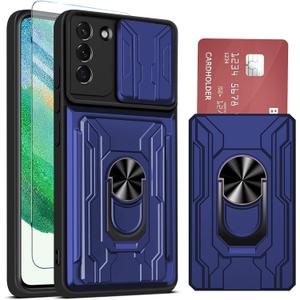 Galaxy S21 FE 5G Case Wallet, Built-in Card Holder for Samsung S21 FE Case with Stand, Heavy Duty Shockproof Full Body Kickstand Cover, for Samsung S21 FE 5G Phone Case with Screen Protector (Blue)