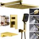 Shower System with Tub Spout 10 Inch Overhead Shower 4 Setting Handheld Spray Rough In Pressure Balance Valve Body with Trim Kit Wall Mounted Rainfall Bathtub Shower Faucet Set (Brushed Gold)