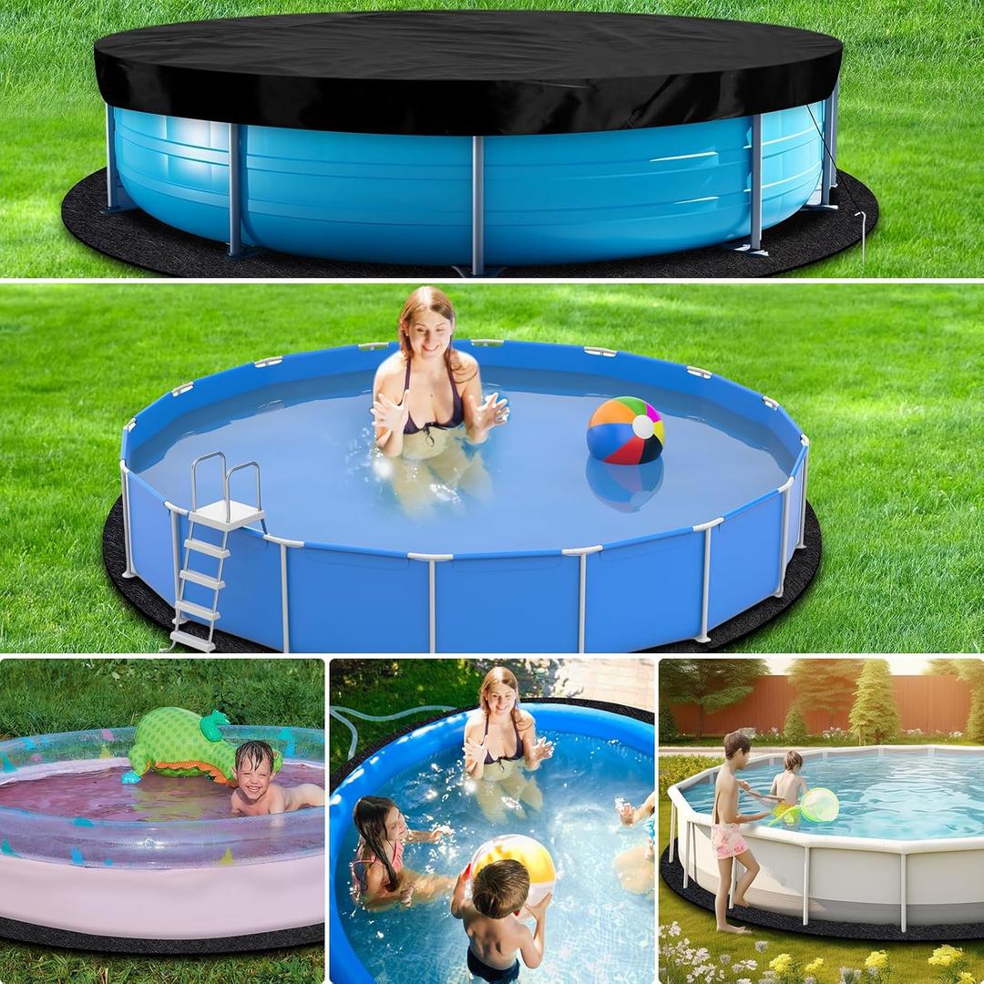 Mindsoft Round Pool Cover and Pool Liner Pad Set Solar Covers for Above Ground Pools with Drawstring and Hook and Loop Fastener, Liner Pad with Windproof Strap, Ground Nails, Drawstring(12 ft)